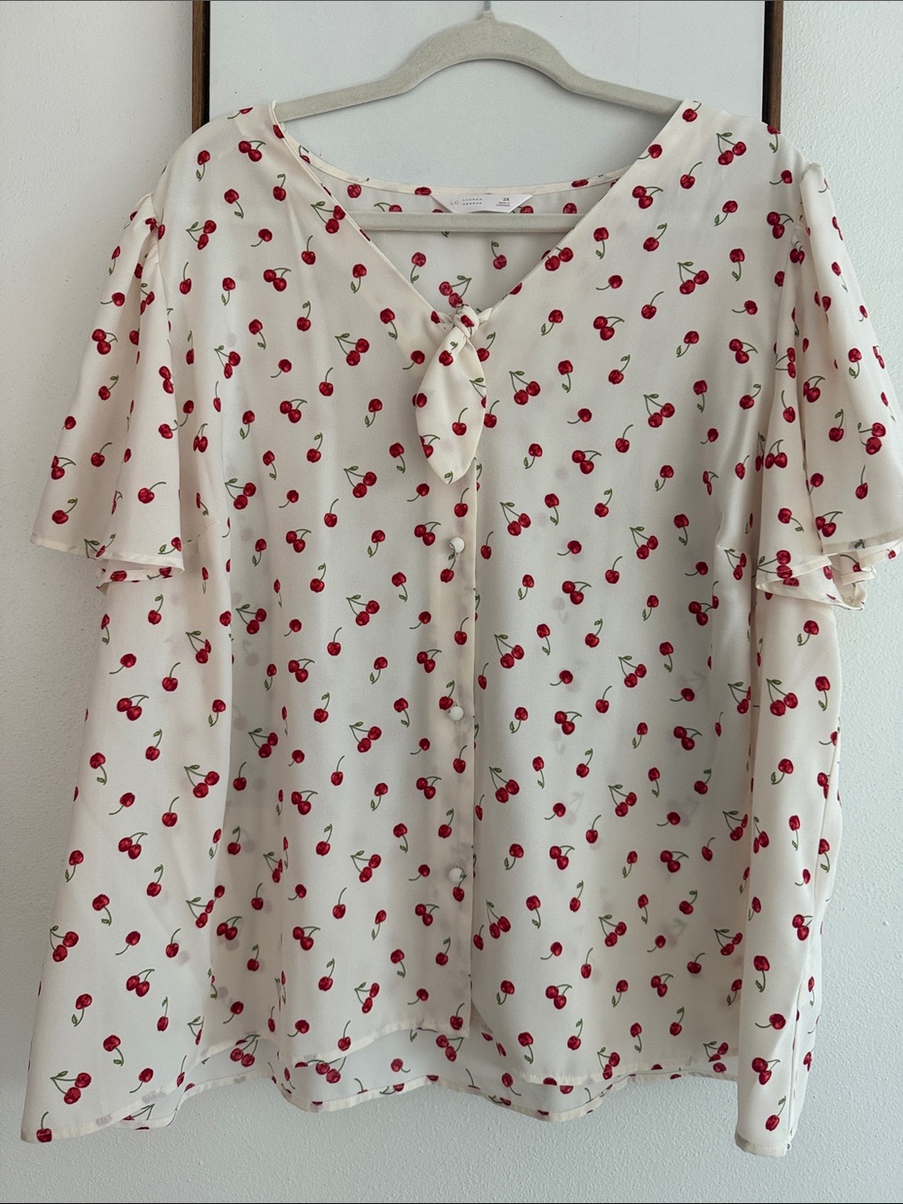 LC Lauren Conrad Cream Cherry-Print Tie-Neck Blouse